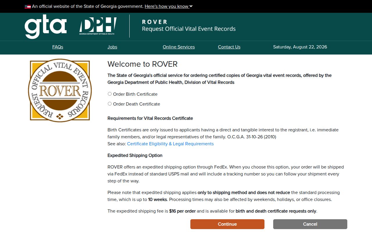 Georgia ROVER birth and death certificate ordering portal